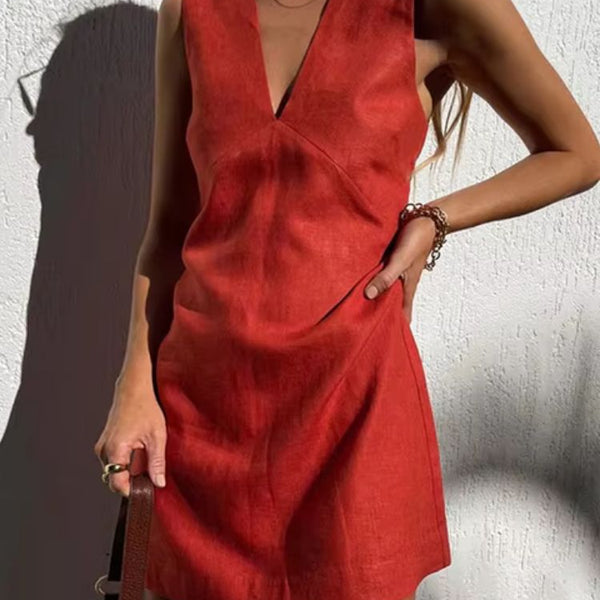Robe en lin trapèze pour femme couleur rouge