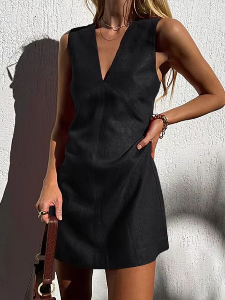 Robe en lin trapèze pour femme, couleur noire