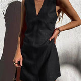 Robe en lin trapèze pour femme, couleur noire