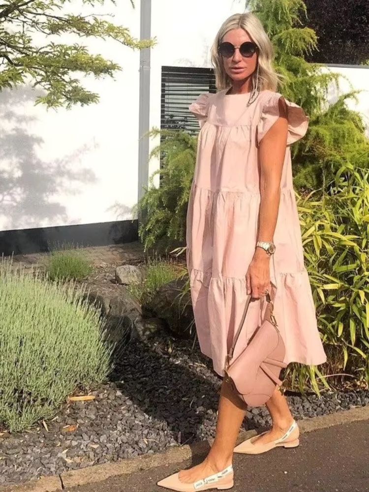 robe trapèze manche bouffante couleur rose