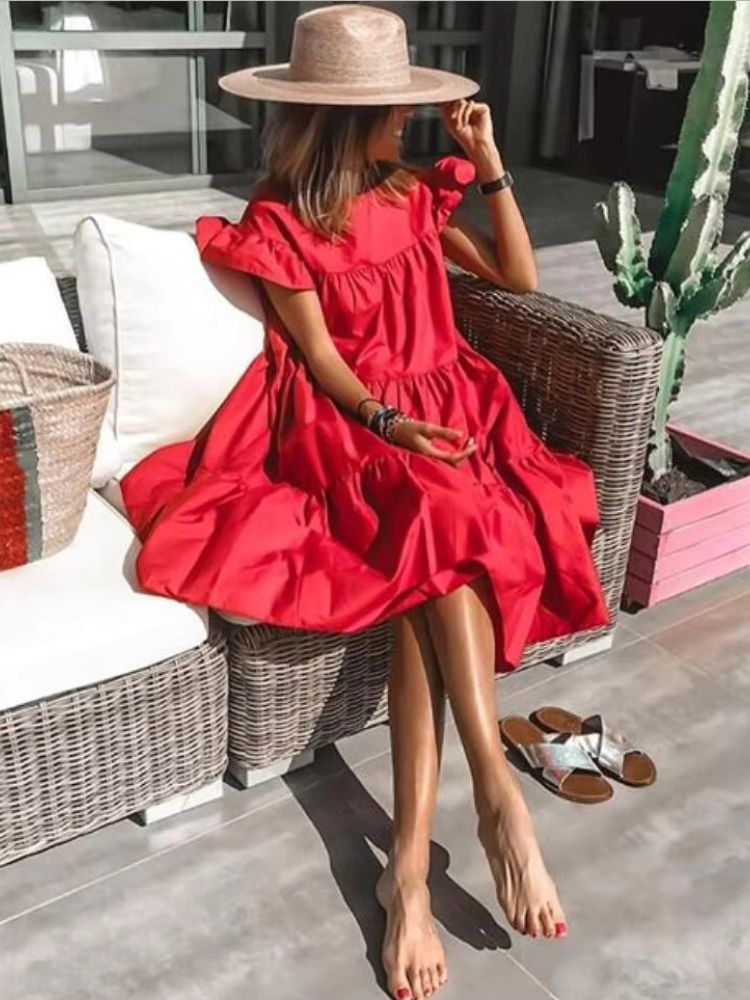robe trapèze manche bouffante couleur rouge