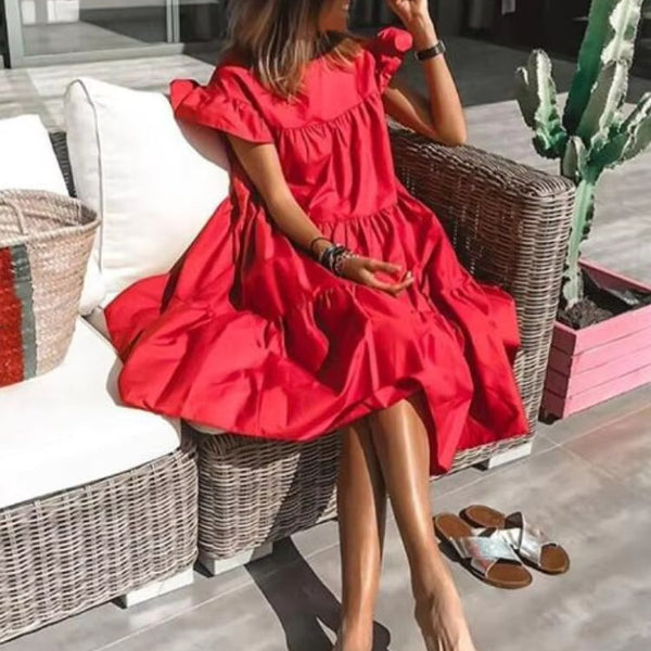 robe trapèze manche bouffante couleur rouge