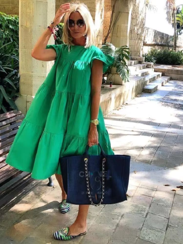 robe trapèze manche bouffante couleur verte