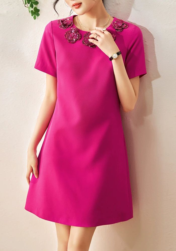 Robe trapèze rose à fleurs