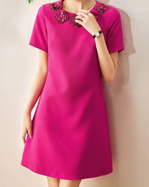 Robe trapèze rose à fleurs
