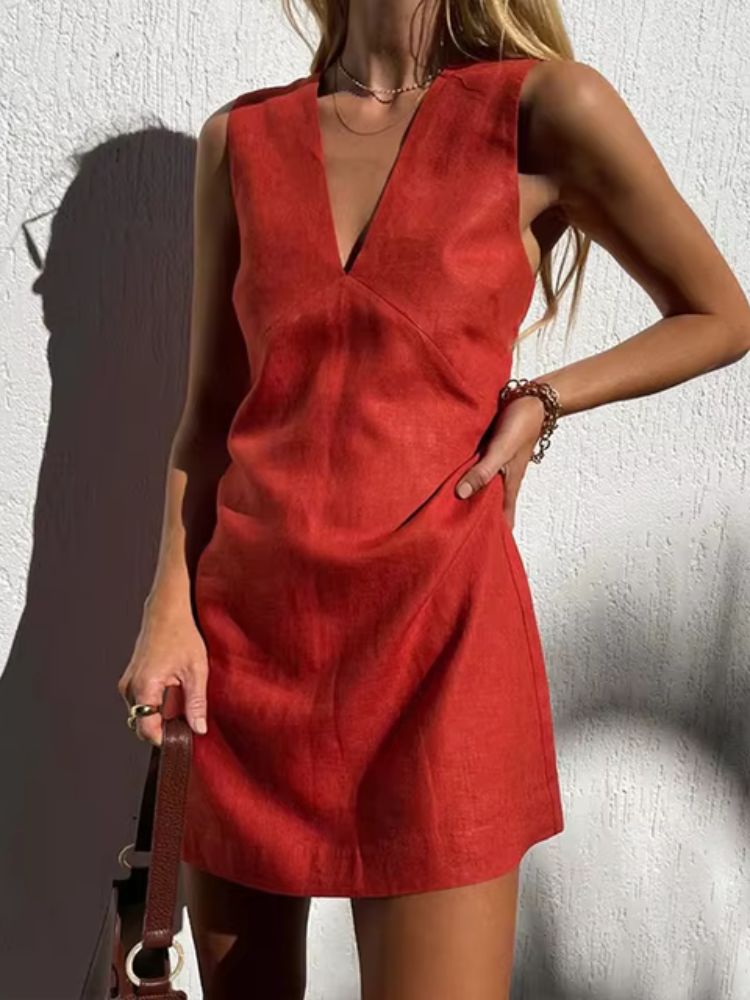 Robe en lin trapèze pour femme couleur rouge