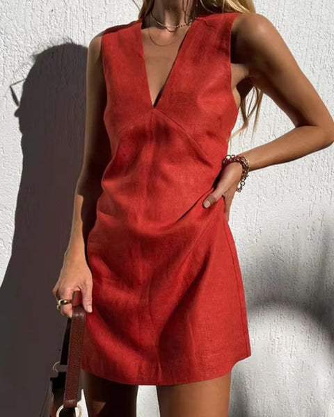 Robe en lin trapèze pour femme couleur rouge