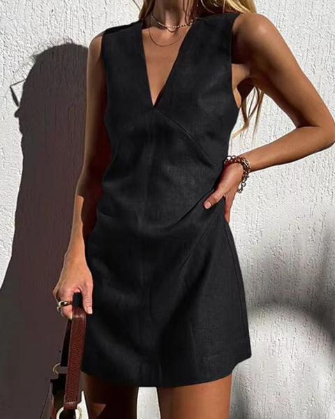 Robe en lin trapèze pour femme, couleur noire