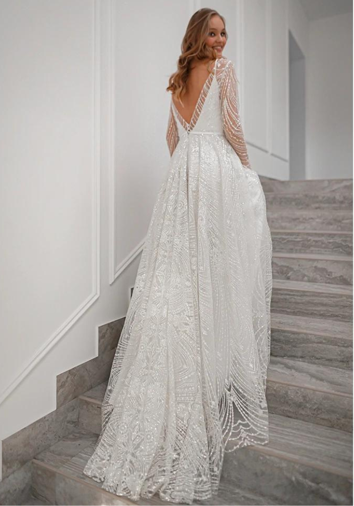 Robe longue trapèze fluide mariage de dos