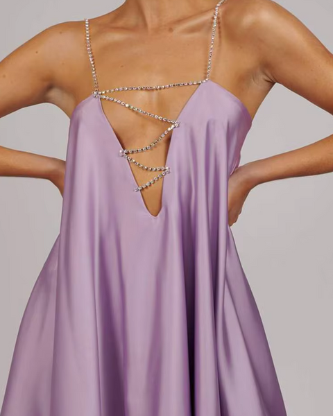 robe en satin forme trapèze violette pour femme