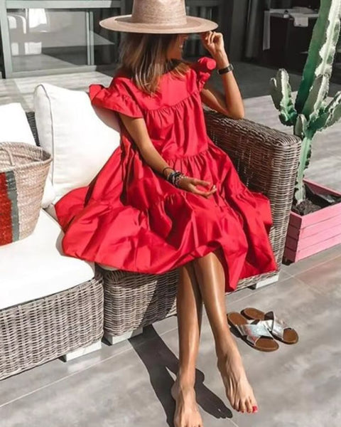 robe trapèze manche bouffante couleur rouge